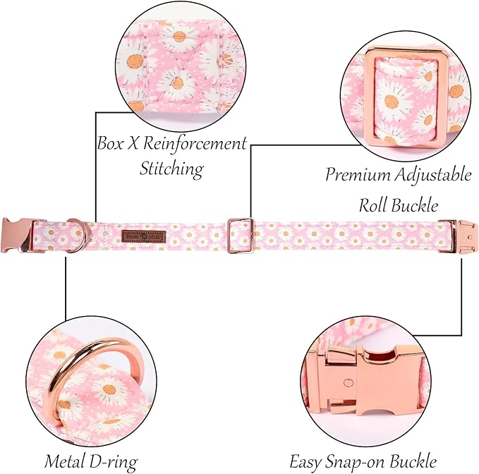Lionet Paws Floral Dog Collar with Sailor Bow, Spring Cute Daisy Pink Dog Collar Bow Tie for Dogs, Medium, Neck 13.5-22 inches