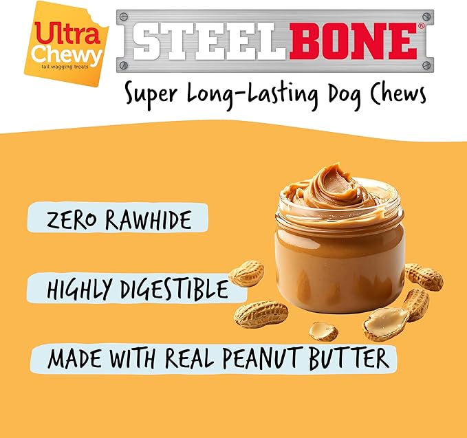 Ultra Chewy Steel Bones Large Size Peanut Butter Flavor - Super Long Lasting Dog Chews - Rawhide Free & Highly Digestible - Unique Shape Helps Clean Teeth - Ideal Dog Bones for Aggressive Chewers