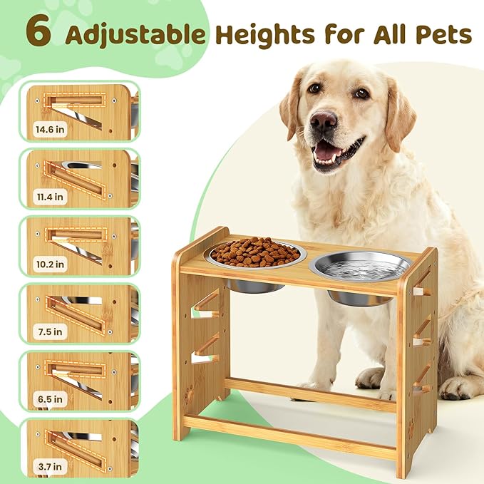 Elevated Dog Bowls, Adjustable Raised Dog Bowl Stand for Large and Medium Pet, 15" High Bamboo Pet Food Feeder with 2 Stainless Steel Dishes（6 Height）
