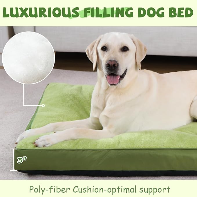Dog Crate Bed Waterproof Deluxe Plush Dog Beds with Removable Washable Cover Anti-Slip Bottom Pet Sleeping Mattress for Large, Medium, Jumbo, Small Dogs, 35 x 22 inch, Green