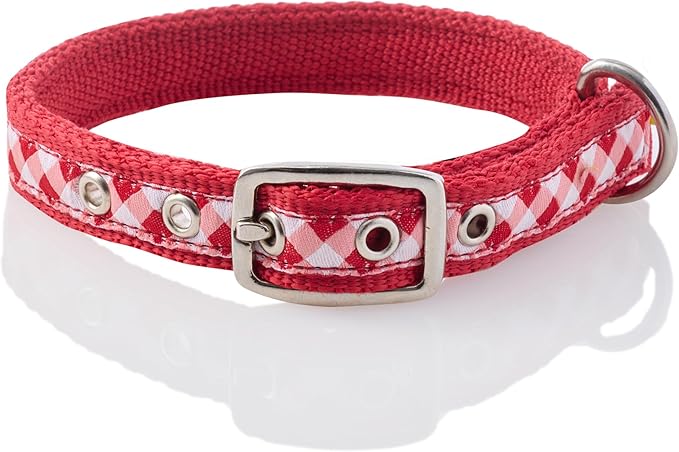 Adjustable Recycled Ribbon Dog Collar for All Pet Breeds, Red Buffalo Plaid, X-Large
