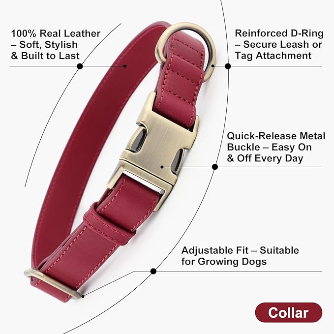 Plutus Pet Genuine Leather Dog Collar – Adjustable Pet Collar with Quick Release Metal Buckle, Soft Real Leather for Small Medium Large Dogs, Heavy Duty & Skin-Friendly (Burgundy, S)