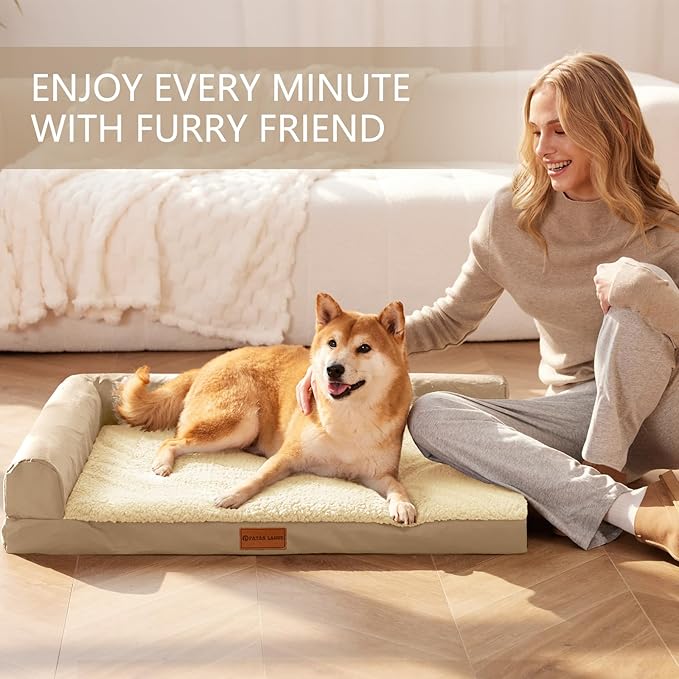 Patas Lague Orthopedic XL Dog Bed Large Sized Dog 42''X28'', Waterproof L Bolster Big Large Pet Sofa Beds with Removable Washable Cover, Soft Comfortable Pet Couch Crate Mat with Nonskid Bottom, Cream