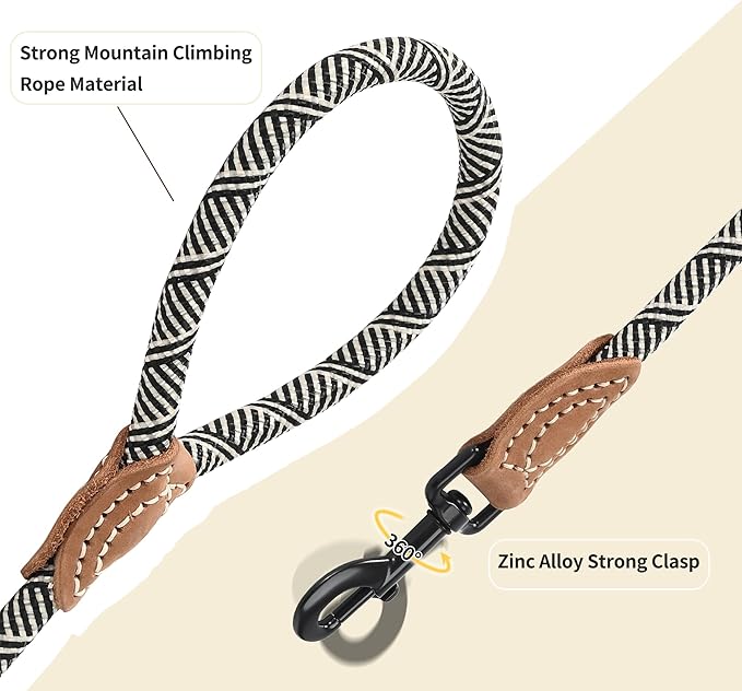 Mile High Life Rope Leash with Genuine Leather Connection, 6 FT/5 FT/4 FT, Heavy Duty Leash for Medium & Large Dogs (Black Beige, 48 Inch)
