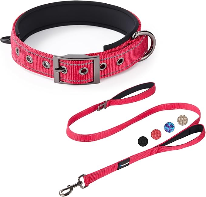Annchwool Adjustable Dog Collar and 5FT Leash Set with Heavy Duty Metal Buckle–Comfortable Lining Reflective Collar & Dual-Handles for Small,Medium Large Dogs Walking,Running(Red Set,S:13''-17'')