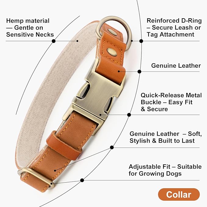 Plutus Pet Genuine Leather & Hemp Dog Collar – Adjustable Heavy Duty Pet Collar with Quick Release Metal Buckle, Soft & Stylish for Puppy and Small, Medium, Large Dogs (Light Brown, L)