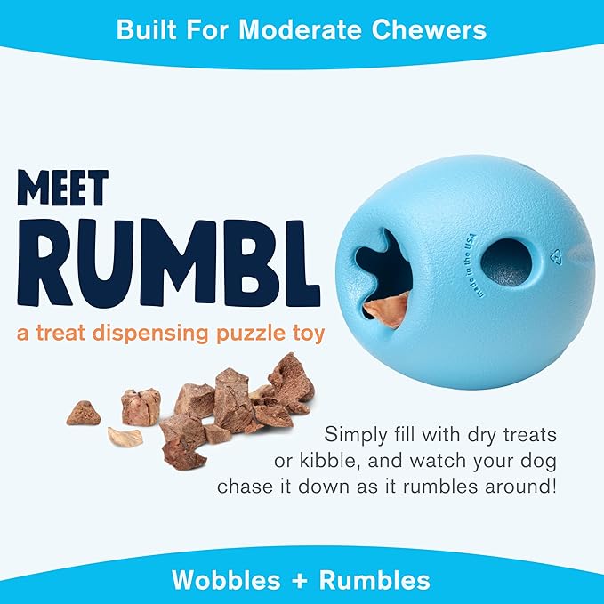 WEST PAW Zogoflex Rumbl Treat-Dispensing Dog Toy – Interactive Slow-Feeder Chew Toys for Dogs – Dog Enrichment Toy – Dog Toy for Moderate Chewers, Fetch, Catch – Holds Kibble Treats (Aqua Blue, Small)