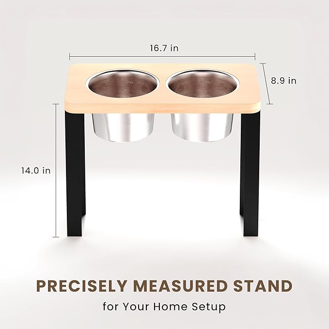 14" Tall Elevated Dog Bowls - Ergonomic Stainless Steel Dog Bowls with 10° Tilt in Bamboo Wood Stand for Tall & Large Breed