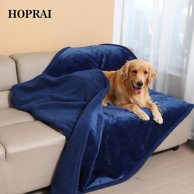 Waterproof Pet Blanket for Medium Large Dogs Washable Fluffy Thick Jacquard Shag Fleece Warm Sherpa Pet Blanket Cats Puppy Couch Protection (Navy Blue L57*65inches)