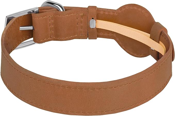 Leather Dog Collar with Airtag Holder - Apple Air Tag Dog Collars - Soft Tracking GPS Pet Collar for Small Medium Large Dogs Breed Puppy (Brown, M, 12"-15" Neck Fit)