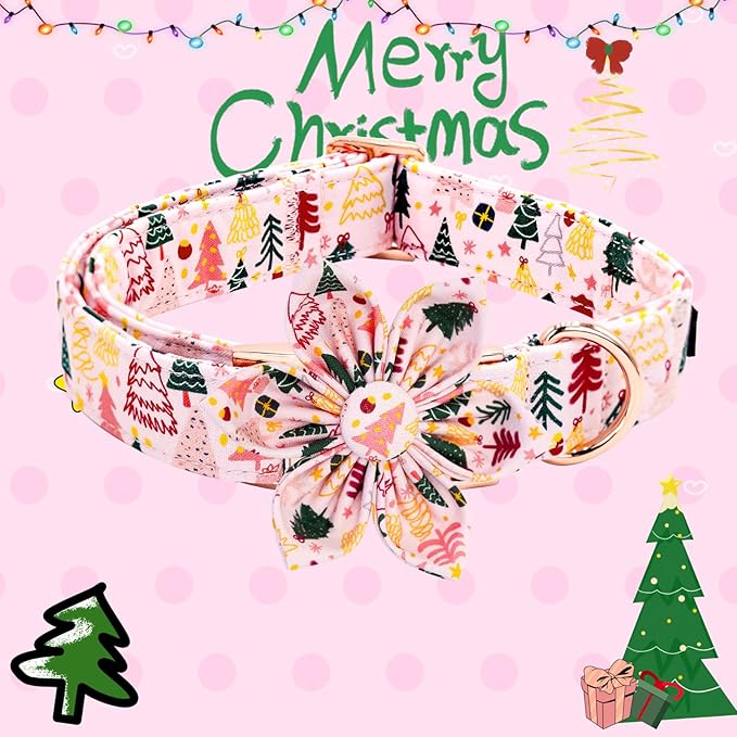 Elegant little tail Christmas Dog Collar, Christmas Tree Pet Collars Flower Pink Metal Buckle Collar Puppy Girl Boy Holiday Cotton Soft Flower Adjustable Dog Collar for Medium Dogs