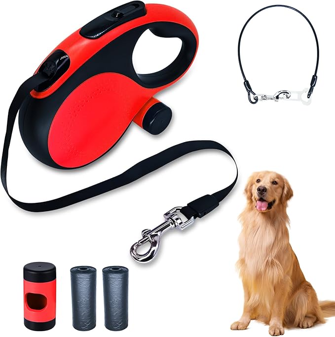 Retractable Dog Leash with Chew Proof Cable,26Ft Heavy Duty Dog Leash for Medium Large Dogs up to 110lbs,360°No Tangle,One-Handed Brake,Pause,Lock(Red)