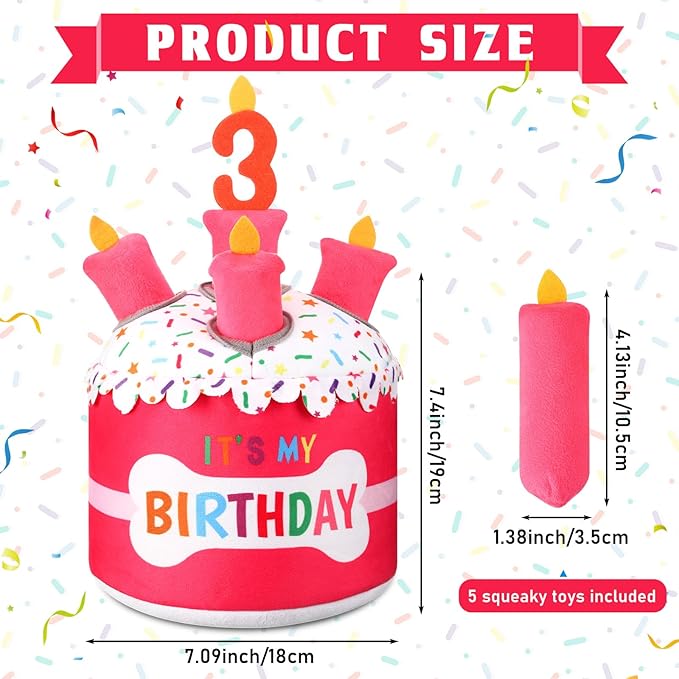 Dog 3rd Birthday Cake Toy Squeaky Interactive Dog Toy Hide and Seek Plush Dogs Puzzle Puppy Toys for Boredom Keep Them Busy for Small Medium Dogs(Pink)