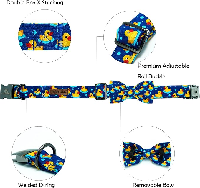 Lionheart glory Dog Bow Collar Ducky Pattern Cute Boy Collars for X-Small Dogs,Soft Duty Adjustable Dog Collar with Bowtie Spring Summer Puppy Collars Bows Pet Gift