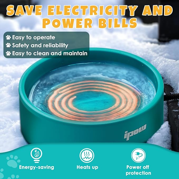 IPOW Pet Heated Bowl - Keep Water Warm for Furry Friends, Safe & Durable Outdoor Dog Bowl, Perfect for Cold Weather, Anti-Slip & Spill-Proof Automatic Warming, Blue