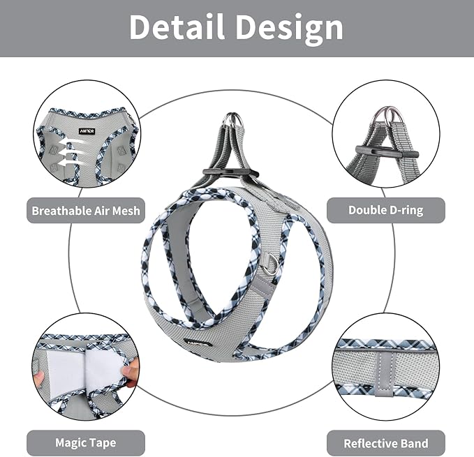 AMTOR Small Dog Harness with Leash Set, No Escape Easy Walk Puppy Harnesses for Training Walking, Step-in Reflective Soft Dogs Vest for XS S Medium Extra-Small Large Sized Dog(L,Grey)