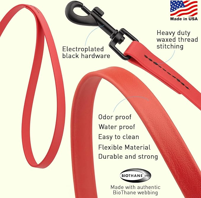 Dogline Biothane Waterproof Dog Leash Strong Coated Nylon Webbing with Black Hardware Odor-Proof Easy to Clean High Performance for Small or Large Dogs Made in USA 4 or 6 ft Lead, Cherry Red