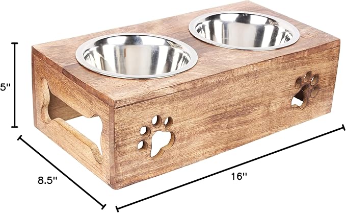 Paw Design Wooden Pet Feeder Station Stand with 2 Stainless Steel Bowls | Raised Dog Bowl Elevated Cat & Puppy Dining Table | 16 x 8.5 x 5 Inches