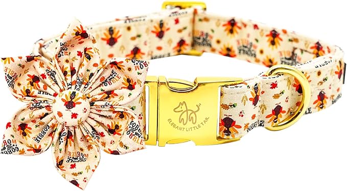 Elegant Thanksgiving Turkey Print Dog Collar with Flowers for Medium Dogs