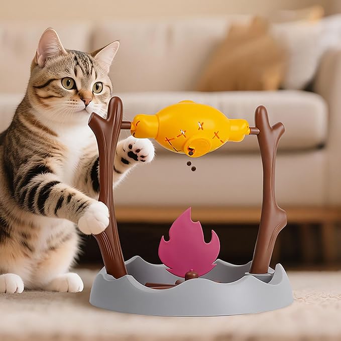 Cat Treat Dispenser, Pets Dry Foods Dispenser, Cats Campfire Treat Slow Feeder, Unique Rotatable Roast and Flame, Interactive Slow Food Puzzle Feeder for Indoor Cats and Dogs