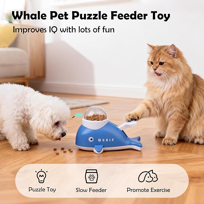 Pawise Cat Puzzle Treat Dispenser,Whale-Shaped Interactive Treat Dispenser Toy for Dogs & Cats,Pet Food Puzzle Feeder,Slow Feeder for Healthy Eating,IQ Training Toy for Small Pet,Bonus Snack Ball Toy