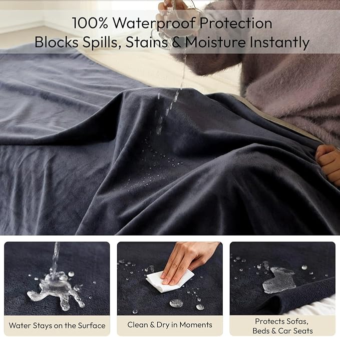 NANPIPER 100% Waterproof Blanket for Bed, Reversible Fleece Love Blanket, Spill-Proof Dog Throw for Camping, Travel, Navy/Light Beige 80x90 inches
