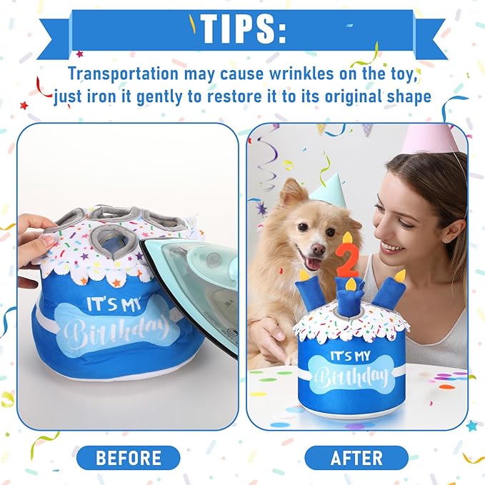 Dog 2nd Birthday Cake Toy Squeaky Interactive Dog Toy Hide and Seek Plush Dogs Puzzle Puppy Toys for Boredom Keep Them Busy for Small Medium Dogs(Blue)
