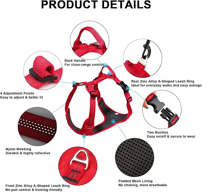 No Pull Dog Harness for Extra Large Dogs, Adjustable, Reflective Breathable Padded Vest with 2 Metal Leash Clips and Handle for Control or Car Seatbelt Use, Red, XL