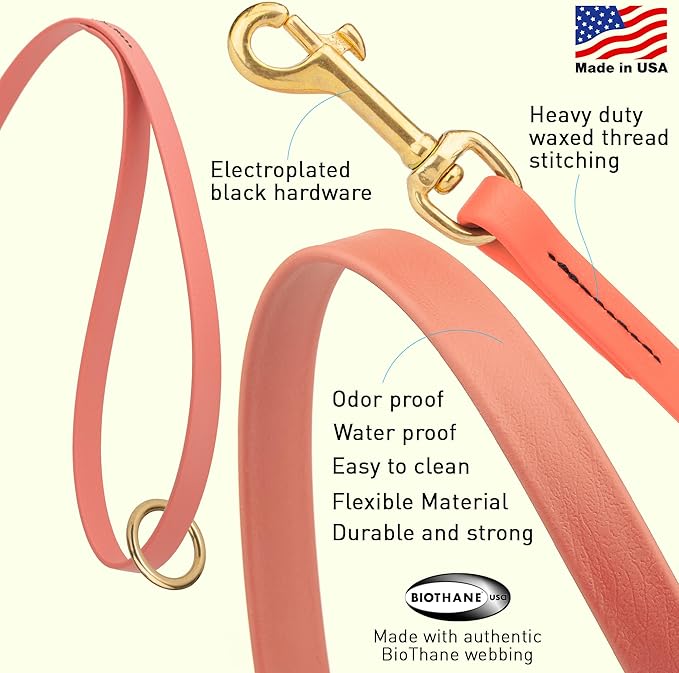 Viper Biothane K9 Working Dog Leash Waterproof Lead for Tracking Training Schutzhund Odor-Proof Long Line with Solid Brass Snap for Puppy Medium and Large Dogs 4ft, Coral