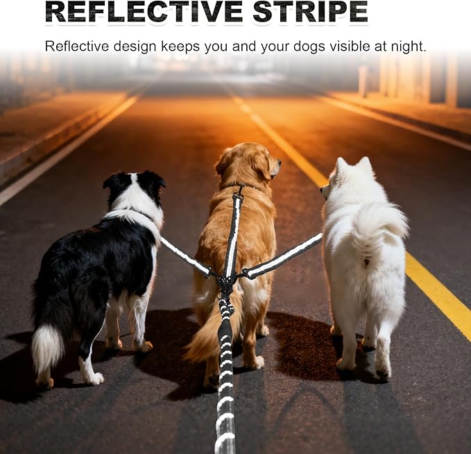 No Tangle Leash for 3 Dogs, 3-in-1 Leash with 360° Swivel & Shock Absorbing Bungee, Padded Handle No Tangle Walking Lead for Large Medium Small Dog