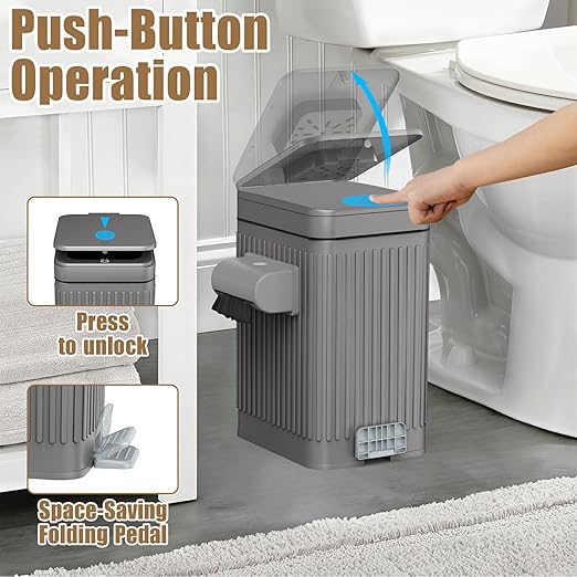 Dog Poop Trash Can for Outside & Indoor, 5L/1.3Gal Small Pet Waste Bin with Odor Control Carbon Filter Lid, 2-Way Open (Step & Press Top), Dog Waste Container with Bag Holder, Grey