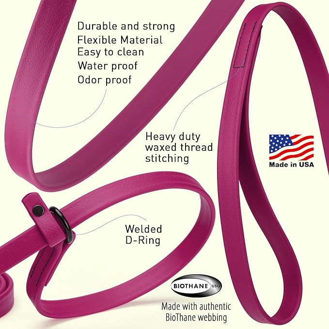 Dogline Biothane Slip Dog Leash - for Small, Medium and Large Dogs - Odor Free Slip Lead, Heavy Duty and Durable Material Kennel Lead - Magenta Pink - 5ft L x 5/8in W