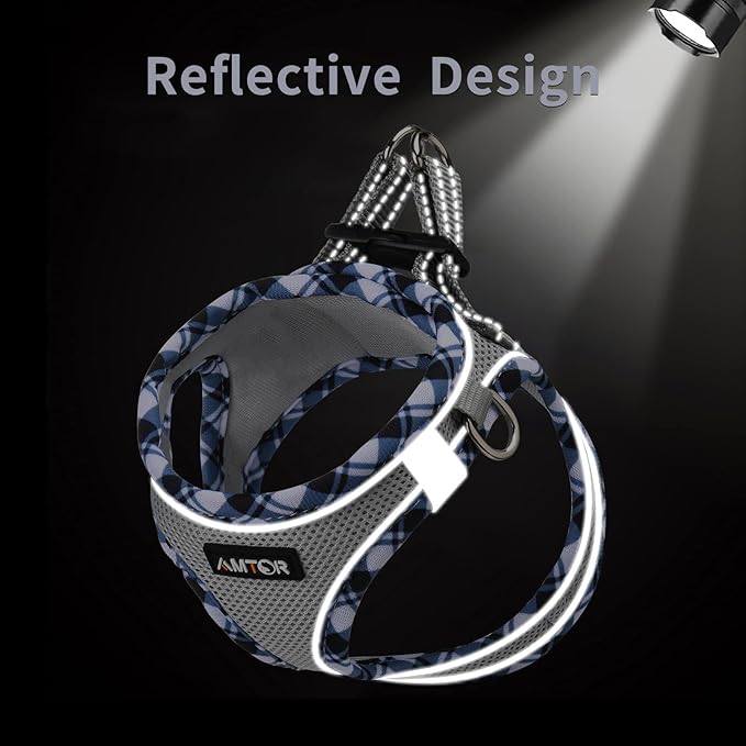 AMTOR Small Dog Harness with Leash Set, No Escape Easy Walk Puppy Harnesses for Training Walking, Step-in Reflective Soft Dogs Vest for XS S Medium Extra-Small Large Sized Dog(M,Grey)