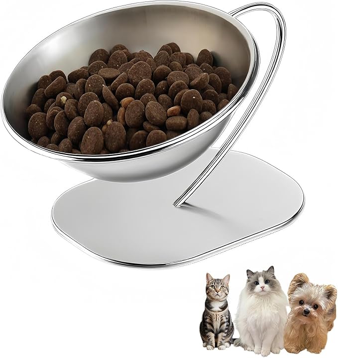 Elevated Cat Bowls,15 Degree Inclined Stainless Steel Cat Bowls,Detachable Metal Bracket,Protect The Cervical Spine,Prevent Vomiting,Ergonomic Design for Healthy Eating & Digestion