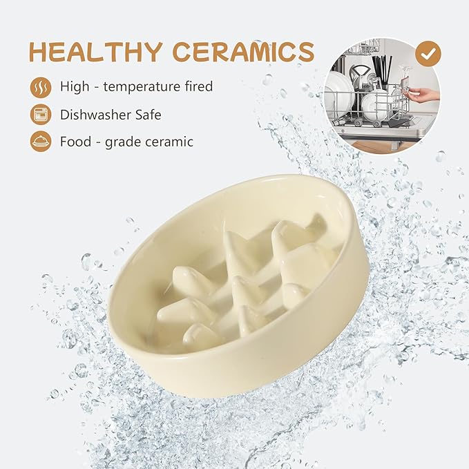 Ceramic 0.9 Cup Raised Slow Feeder Dog Bowl Set, Elevated 6.1inch Slow Dish and 6.1inch Water Bowl with Wooden Stand for Small Dogs (2 x Beige+ Stand)