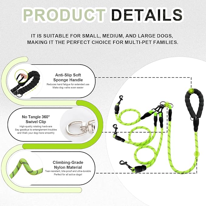 No Tangle 3 Dog Leash -Main Lead Rope with Padded Handle, Three Detachable Leash Splitters, Heavy-Duty Clip, 4.76ft for Walking, Running, Small, Medium, Large Dogs (Green)