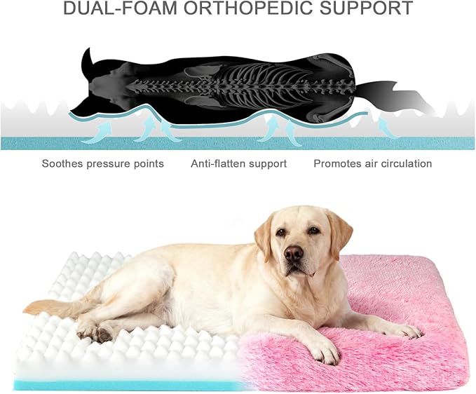 Orthopedic Dog Bed for Large Dogs, Dual-Layer Memory & Egg-Crate Foam, Washable Warm Winter Plush Cover, Waterproof Liner, Non-Slip Bottom, Crate/Kennel Pad, 41 x 27 Inch, Pink