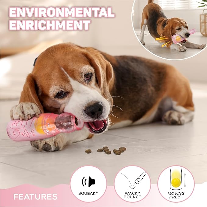 TagME Interactive Squeaky Dog Toys, 3-in-1 Fun with Squeaker, Tennis Ball and Treat Dispenser, Chew Toys for Medium Dogs and Fetch Lovers - Pink