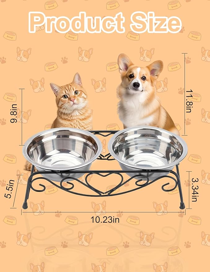 Small Dog Bowls with Metal Stand for Small Breeds Cats and Puppies 3.4 Inch Fixed Height Elevated Feeder with 2 Removable Stainless Steel Bowls