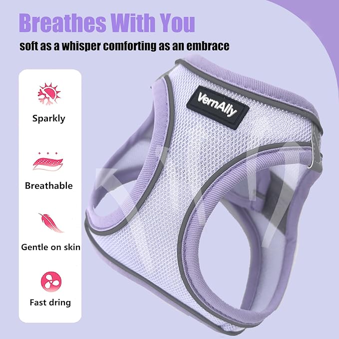 Sparkly Dog Harness Small Sized and Leash Set for Small Dogs Cats,Purple XXS Puppy Harness, Step in Soft Dog Reflective Vest, Breathable Mesh Pet Harness. (Purple, XXS)