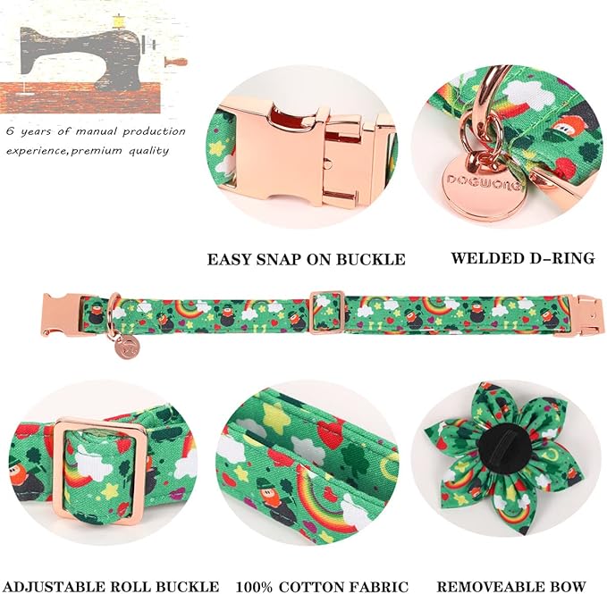 DOGWONG Green Lucky Clover Shamrock Dog Collar with Flower, Soft Adjustable St. Patrick's Day Lucky Charm Puppy Collar for Small Medium Large Dog