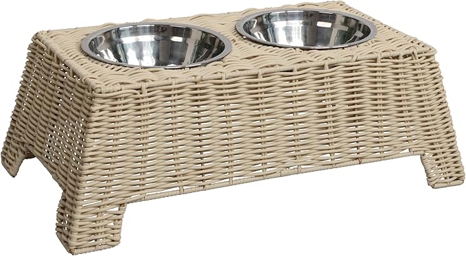 DBL4000F Serenity 6.9" Small/Medium Elevated Wicker Pet Feeder with 18oz (2.2 Cups) 2-Stainless Steel Bowls, Almond