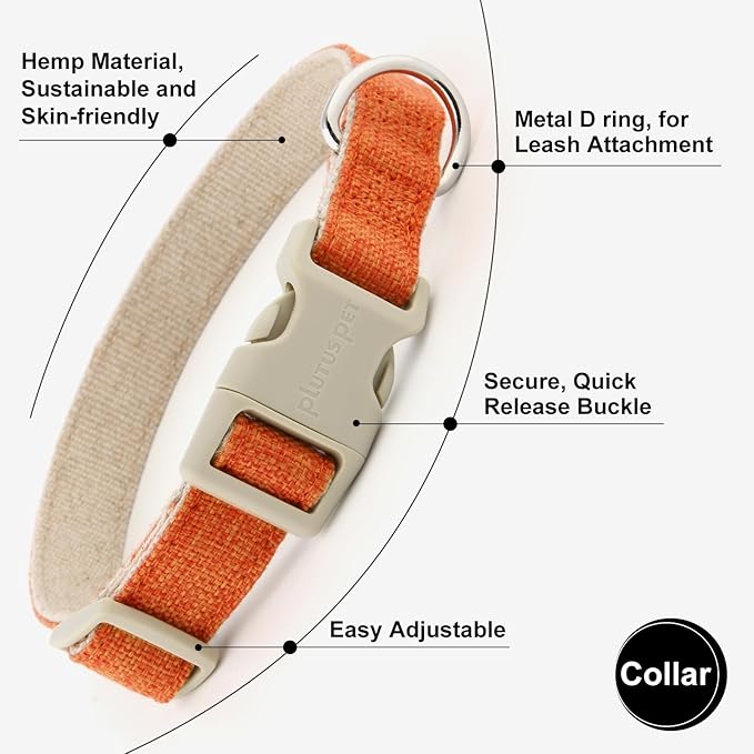 Plutus Pet Cotton Hemp Dog Collar and Leash Set, Adjustable Collar for Small, Medium, and Large Dogs, Heavy Duty and Soft on Skin, Orange, M
