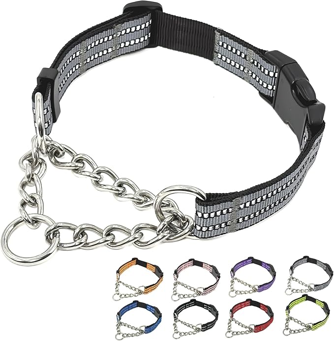 Martingale Dog Collars, Reflective Nylon Collar with Stainless Steel Chain, Adjustable Walking Training Dog Collars with Quick Release Buckle, Suitable for Small Medium Large Dogs(Gray,M)