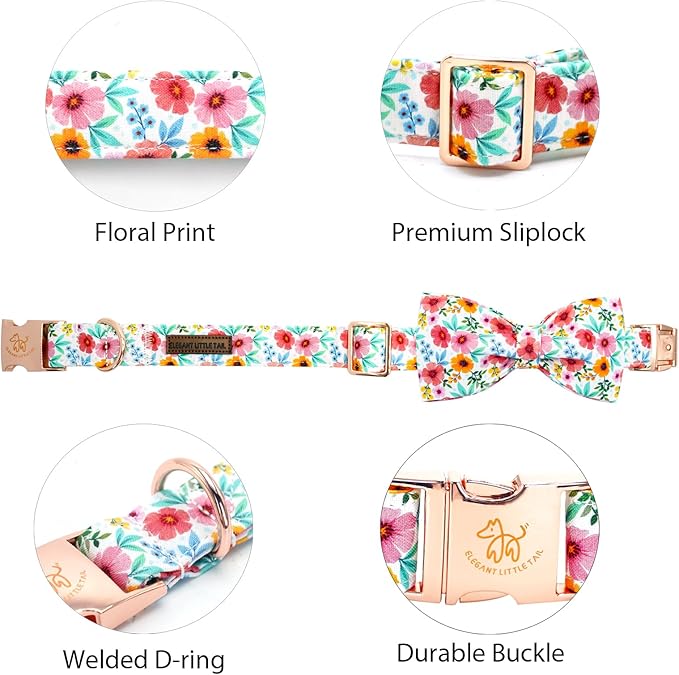 Elegant little tail Dog Collar- Cute Floral Dog Collar with Bow for Large Dogs, Female Adjustable Cotton Summer Pet Bow Holiday Puppy Collar for Small Medium Large Dogs