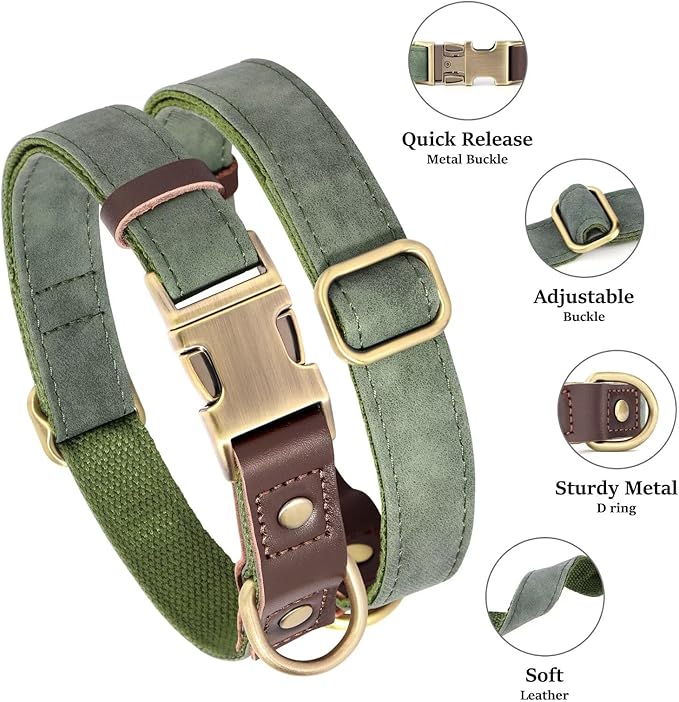 Didog Soft PU Leather Dog Collars for Medium Dogs,Classic Adjustable Dog Collars with Quick Release Metal Buckle,Easy Clean and Comfortable with Nylon Lining,Green,M Neck 14-19"