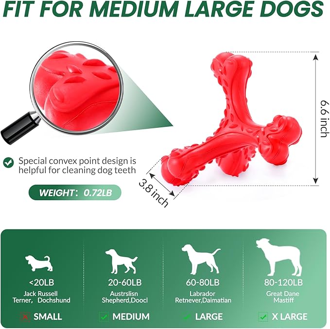 Dog Chew Toys for Aggressive Chewers Large Breed,Indestructible Bones Toy，Durable Cleaning Toothbrush Natural Rubber Dog Toys… (Red)