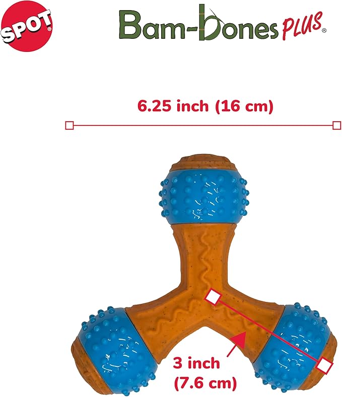 SPOT Bam-Bones PLUS Gigglers Tripod Durable Dog Chew Toy, For Large Aggressive Chewers, Bamboo Fiber & Nylon, Dual Texture, Massaging Rubber Ends, Sounds, Non-Splintering, Peanut Butter Flavor, 6 Inch