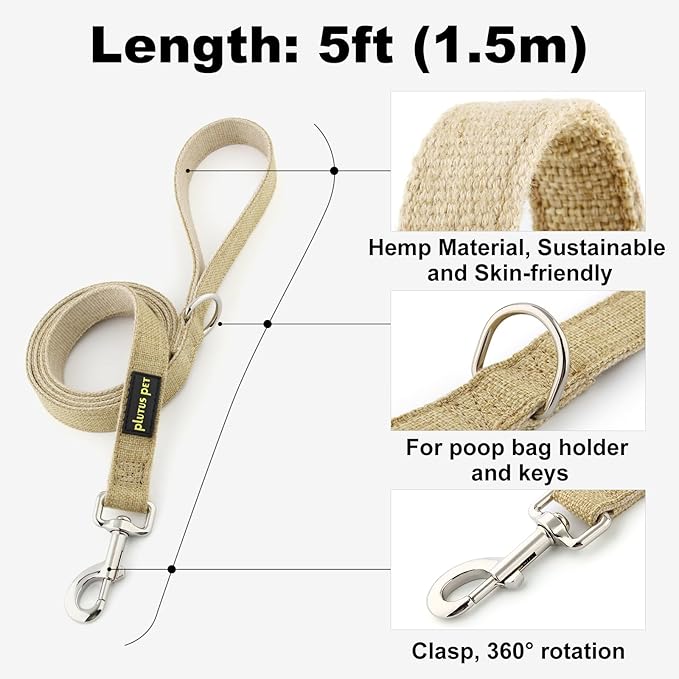 Plutus Pet Cotton Hemp Dog Collar and Leash Set, Adjustable Collar for Small, Medium, and Large Dogs, Heavy Duty and Soft on Skin, Khaki, L