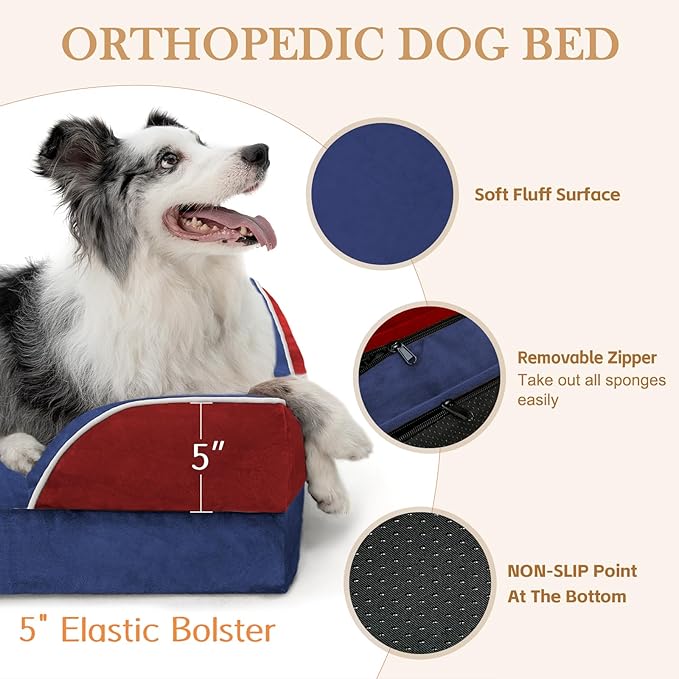 Comfort Expression Orthopedic Dog Bed for Large Dogs 36x27 Inch, Waterproof Egg Crate Foam Large Pet Bed with Removable Bolsters, Dog Couch with Washable Cover & Non-Slip Bottom, Classic Tri-Color